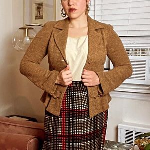 Vintage Nanette Lepore tan wool blazer w/wide sleeves & ruffled details.